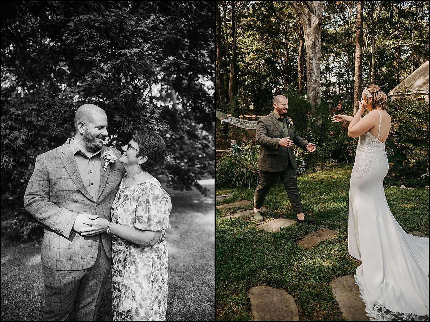 A groom puts his arm around his mother for a wedding portrait.