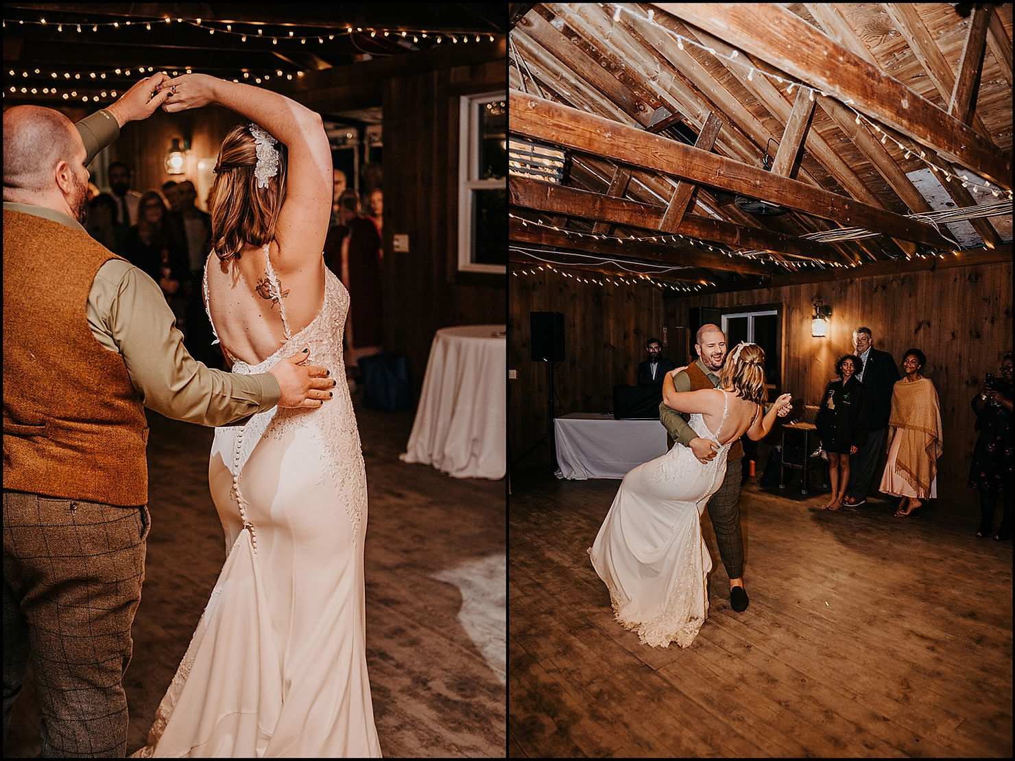 A groom twirls a bride during their first dance at their Cape Cod wedding venue.