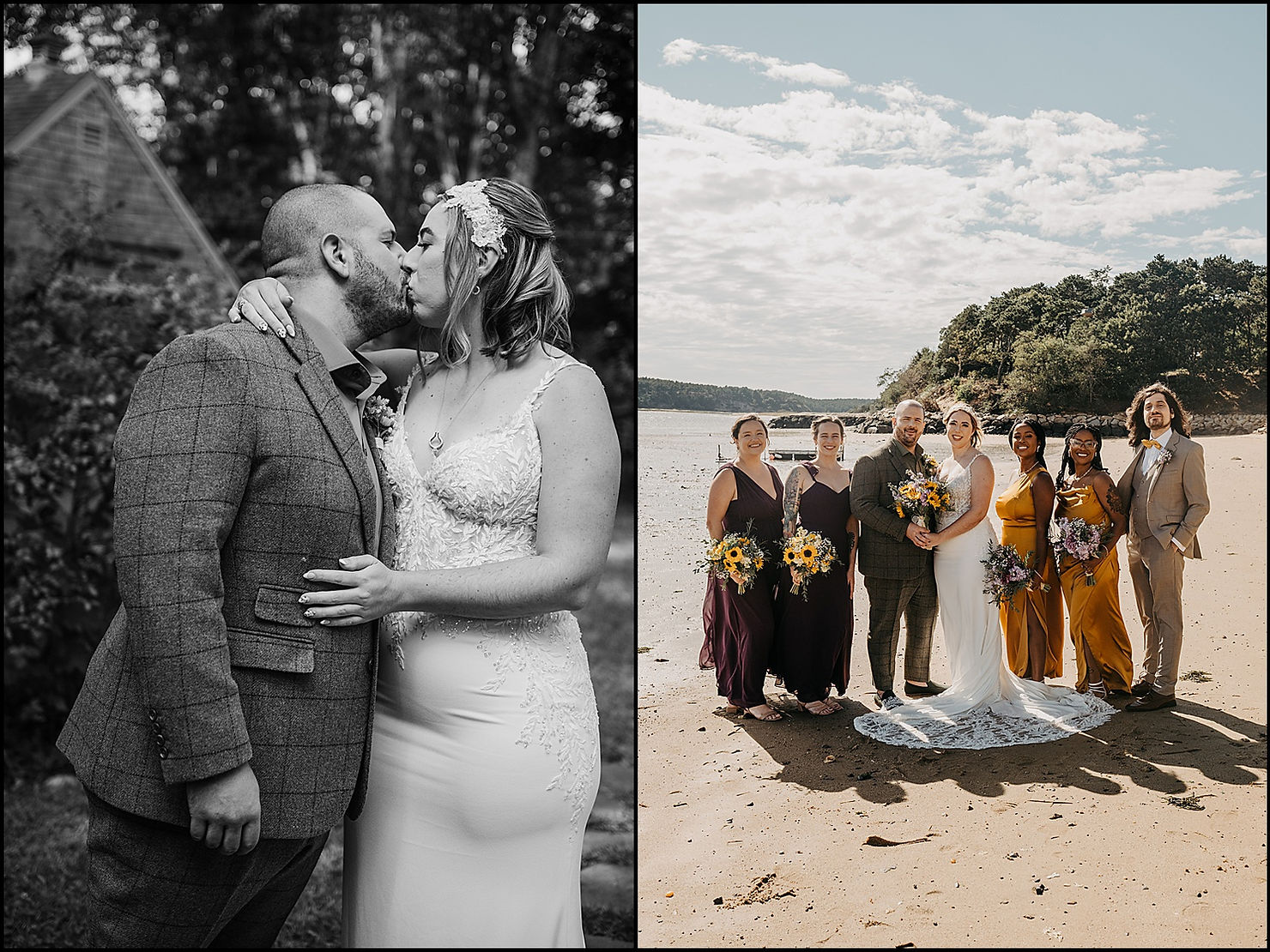 A bride and groom pose with their wedding party on a beach at a Cape Cod wedding.