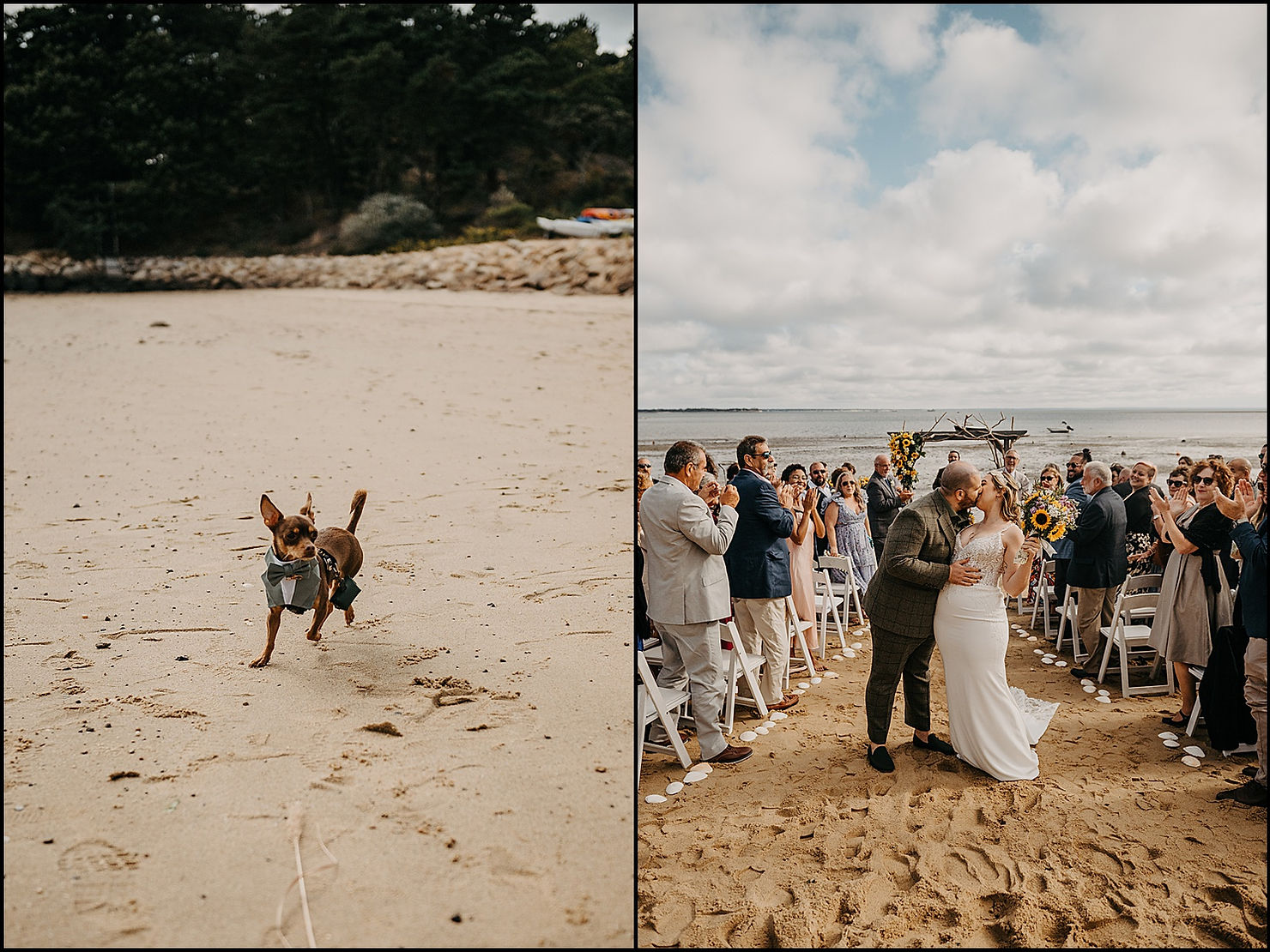 A bride and groom kiss during their recessional at a Cape Cod wedding venue on the beach.