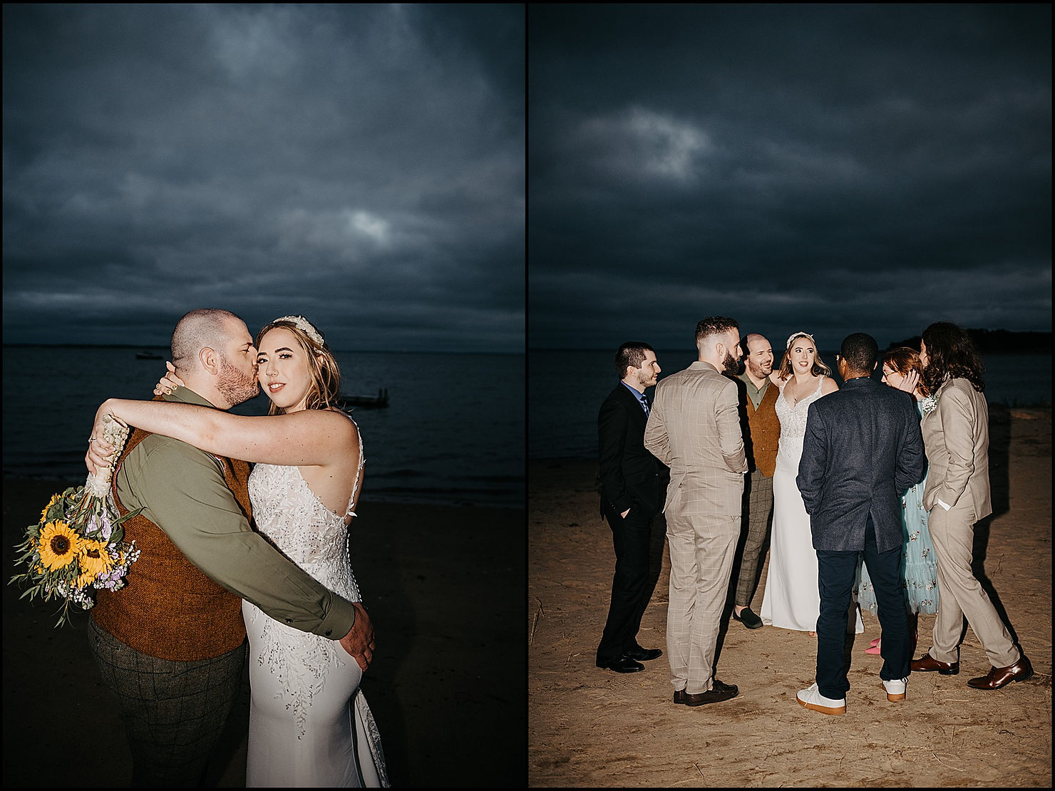 A groom kisses a bride's cheek in a direct flash wedding photo on the beach.