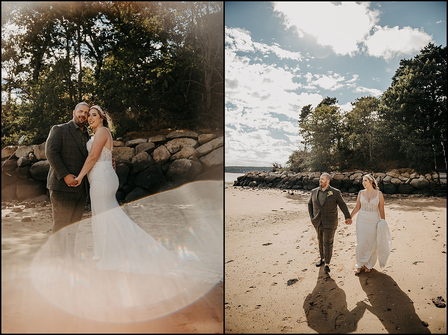 A bride and groom hold hands and walk along the beach at a Cape Cod wedding venue.