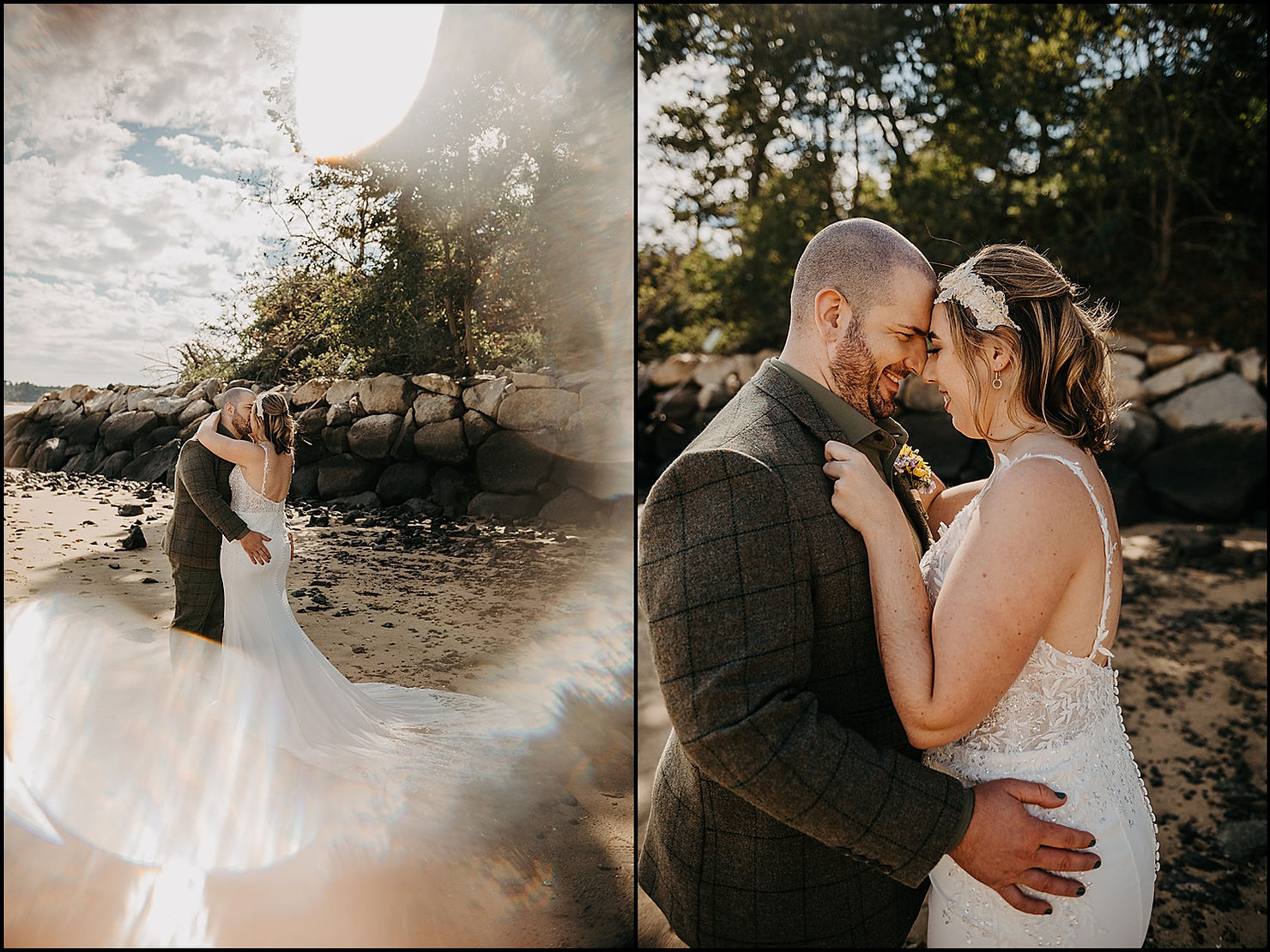 A bride and groom kiss in a beach wedding photo on Cape Cod.