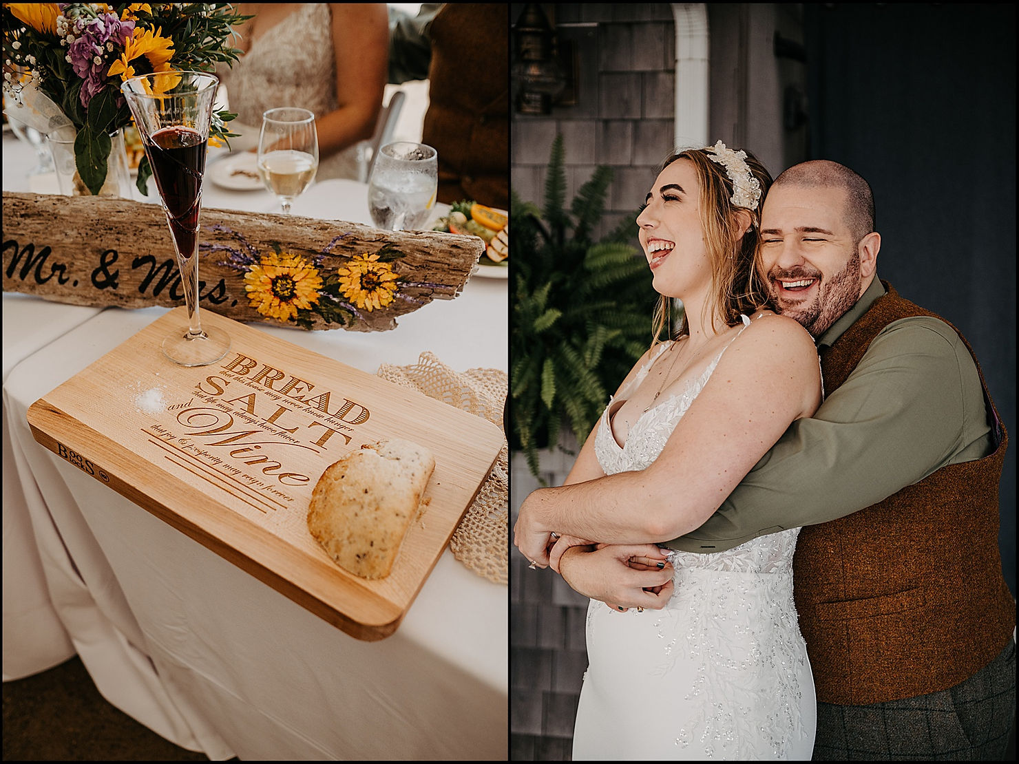 A groom laughs as he wraps his arms around a bride's waist at a Cape Cod wedding.