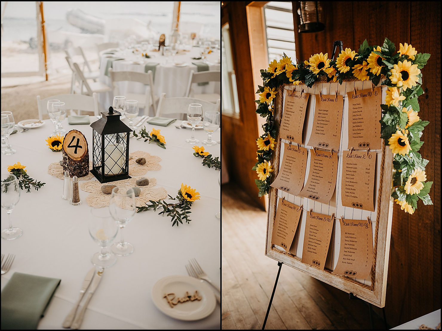 A garland of sunflowers hangs around a board with table assignments at a beach wedding reception.
