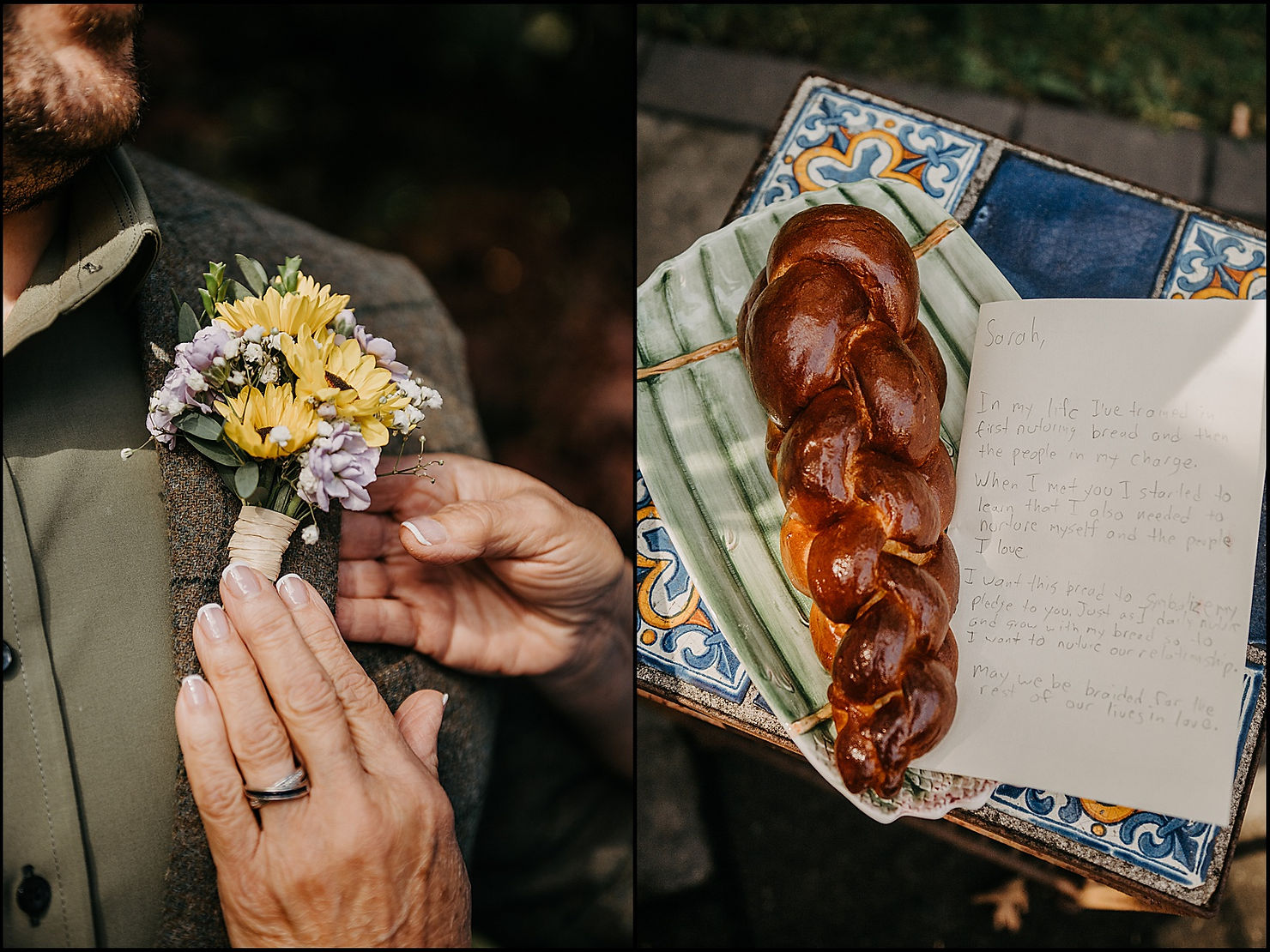 A groom's mother straightens his floral boutenniere.