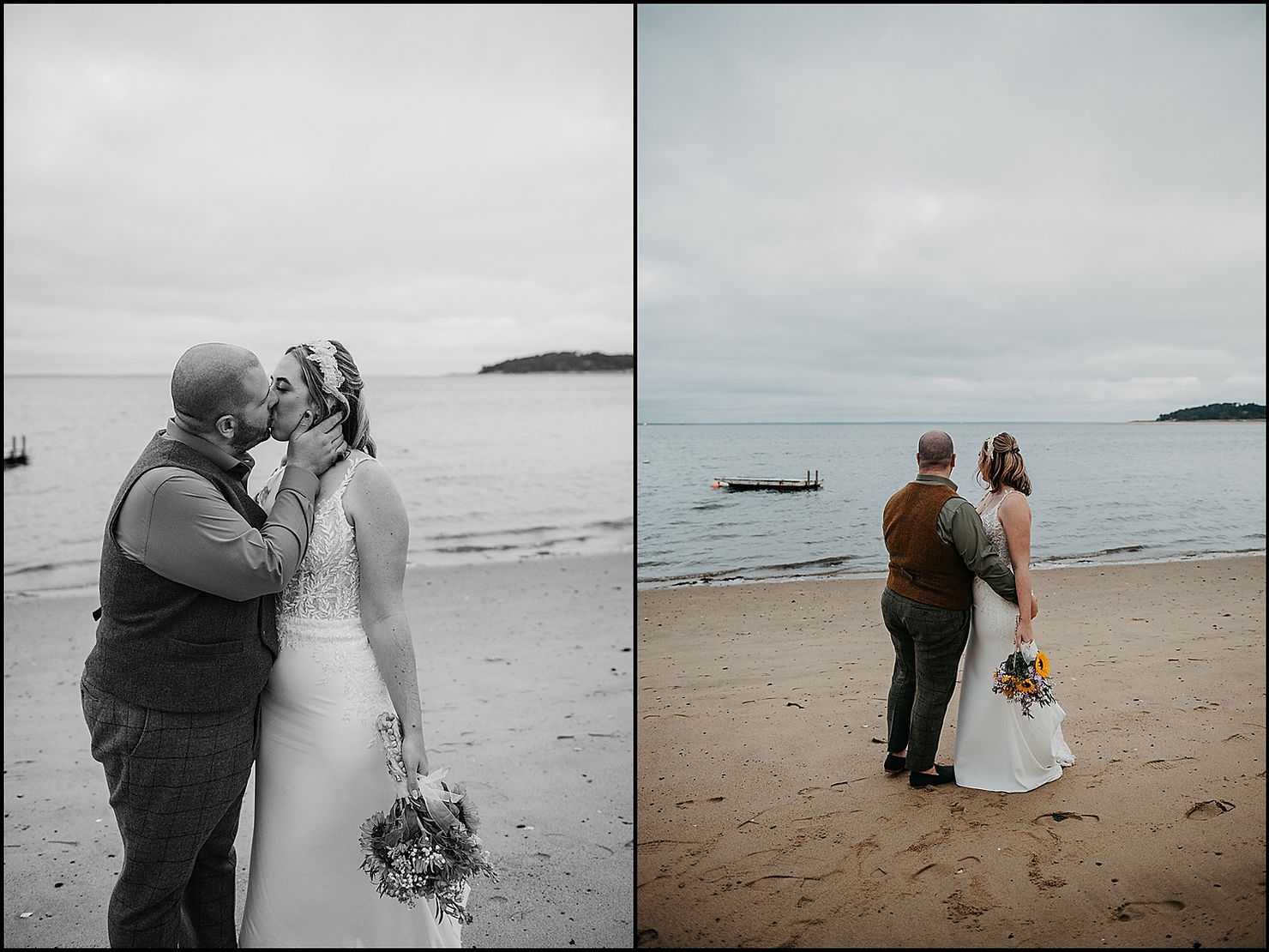 A bride and groom pose on a beach in the evening at a Cape Cod wedding.
