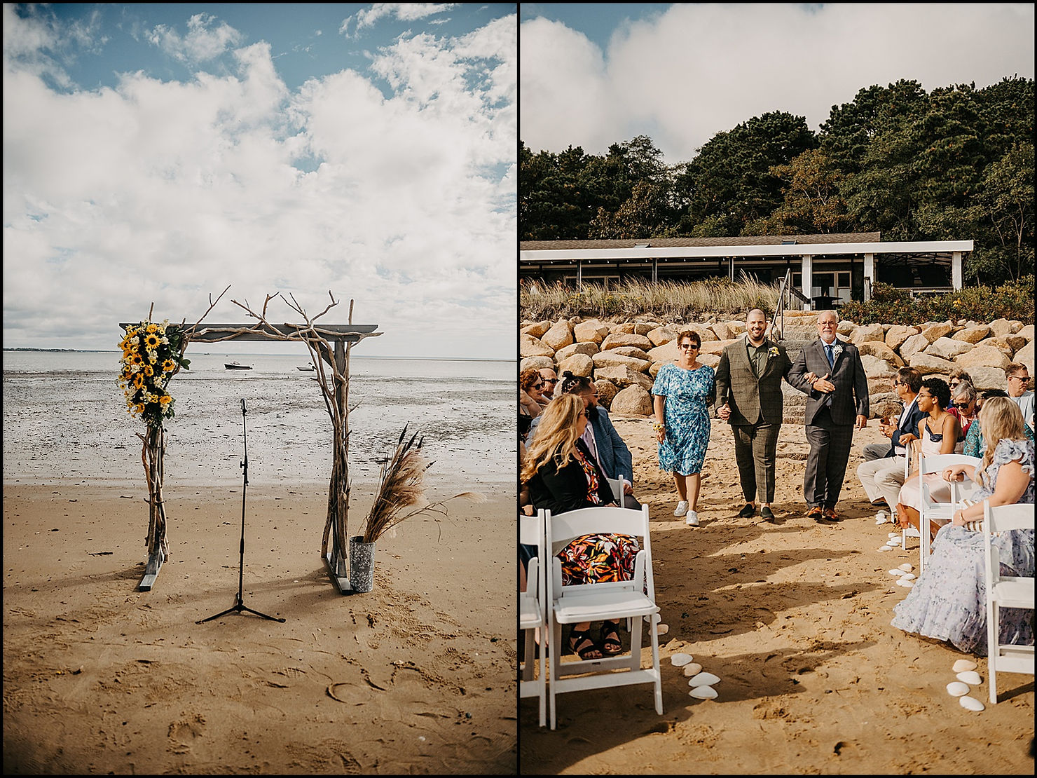 A groom's parents walk him up the aisle at his beach wedding in Cape Cod.