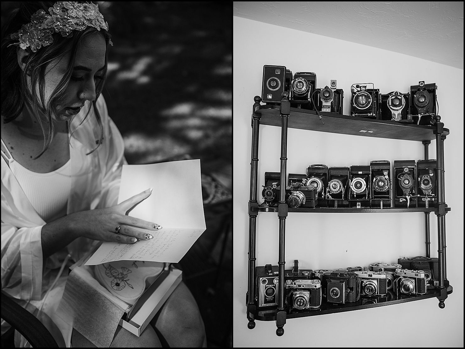 Vintage cameras line shelves in a getting ready suite.