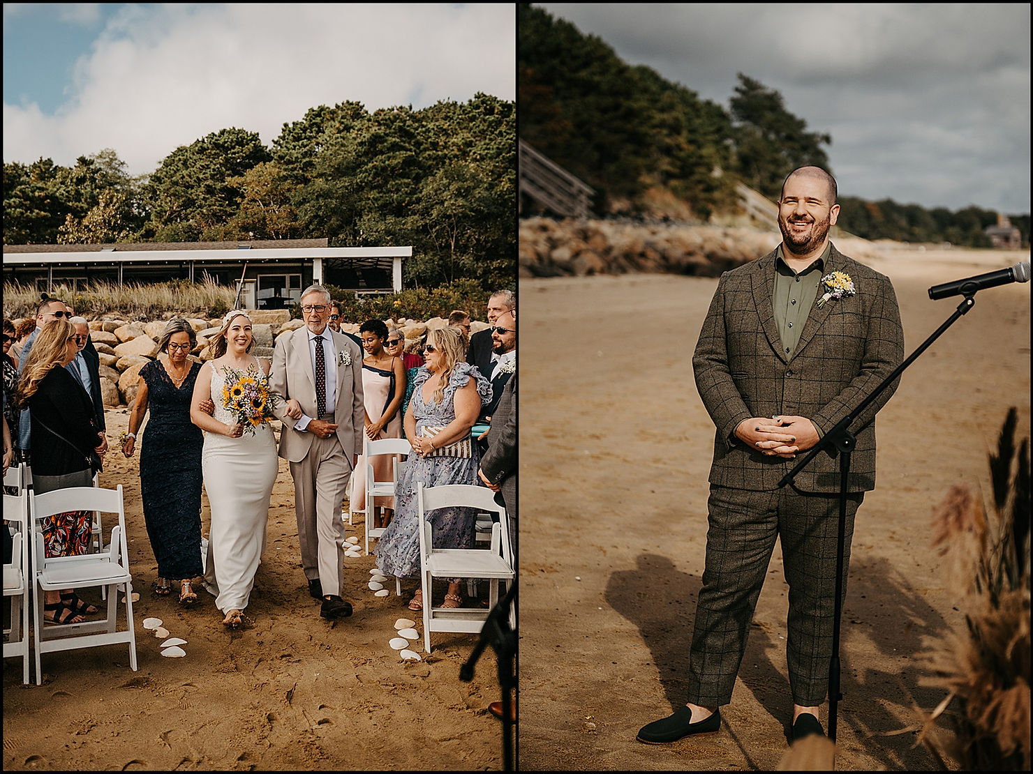 A groom smiles as a bride walks up the aisle at a beach wedding.