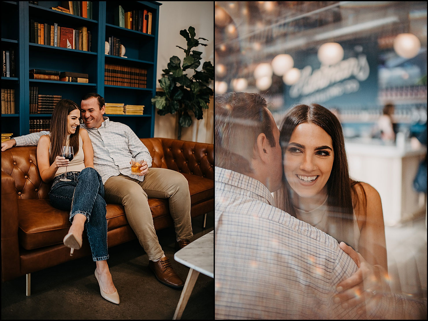 An engaged couple sits on a leather couch in a corner of Harman's Distilling Co.
