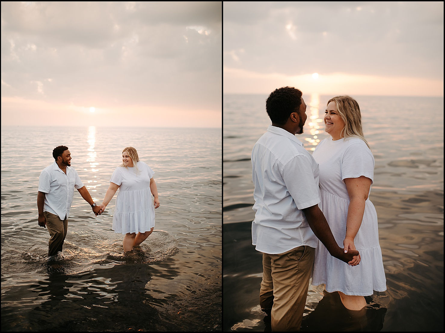 A couple holds hands and walks in a lake at sunset during their Buffalo engagement photos.