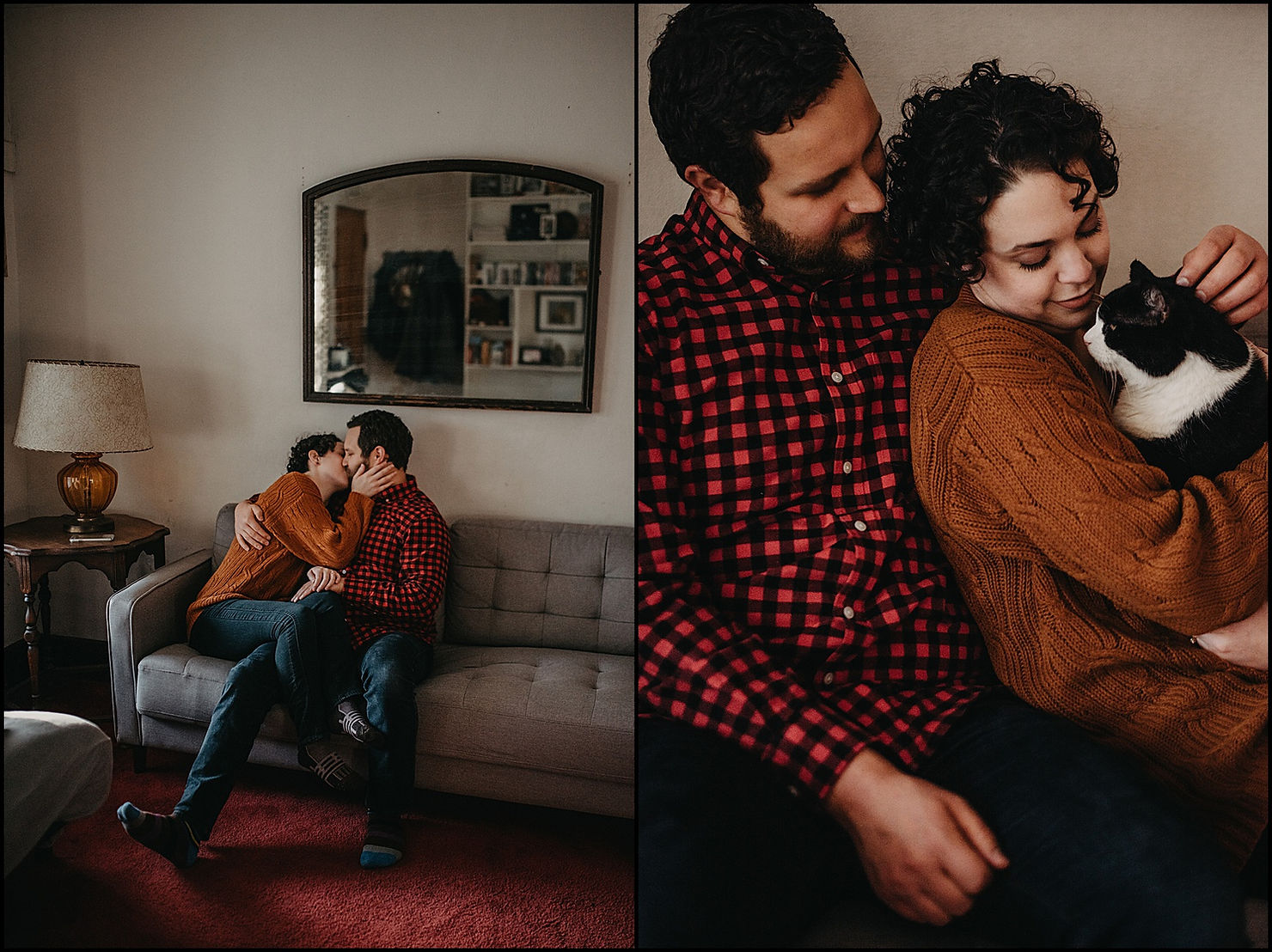 A couple sits on their couch petting their cat during an in-home engagement photo session.