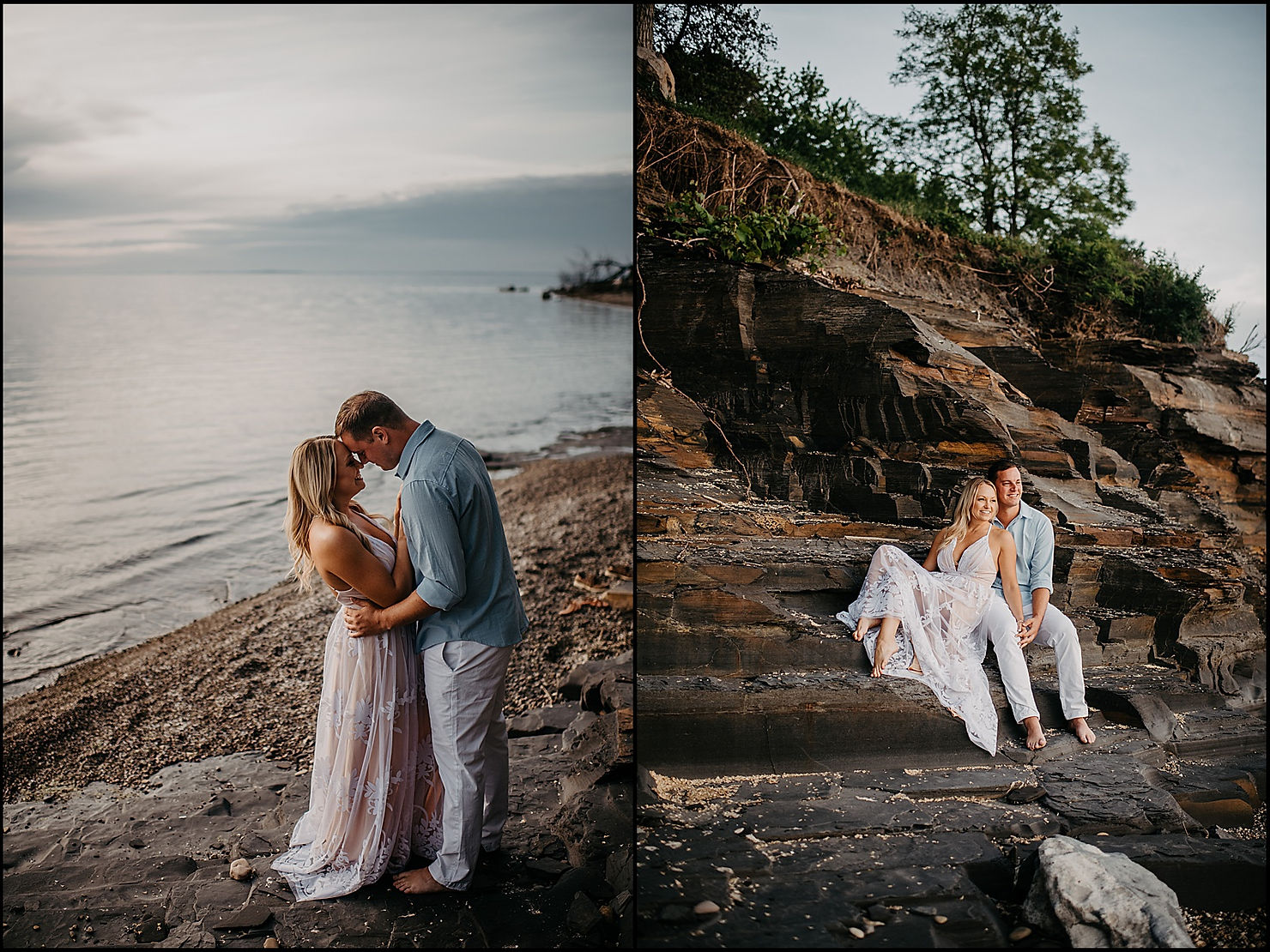 A couple poses on a cliffside during an engagement photo session at Evangola State Park.