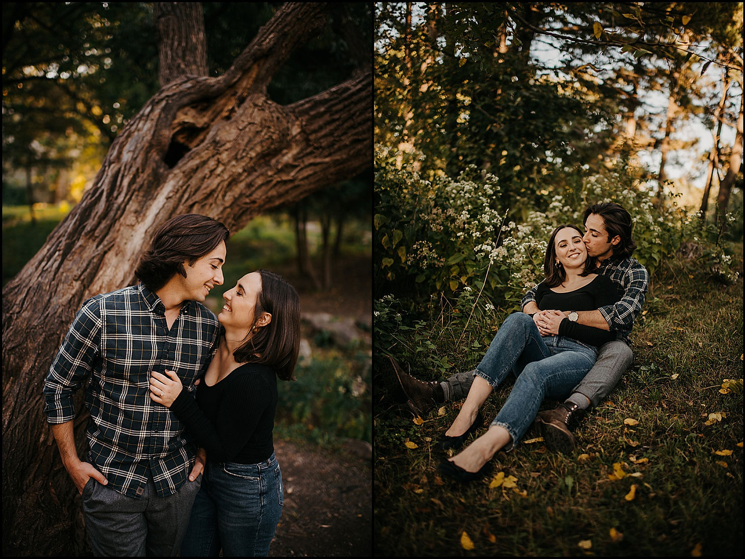 A man and woman cuddle on a hillside for Buffalo engagement photos.