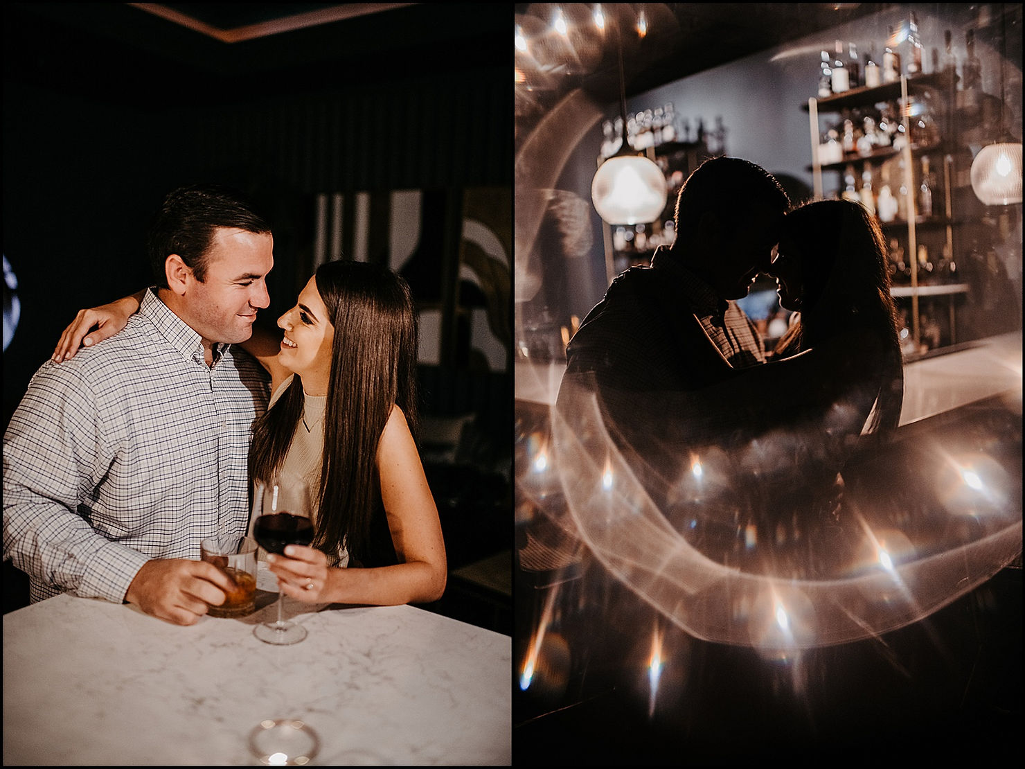 A man and woman lean their foreheads together beside a bar in a Buffalo engagement photo location.