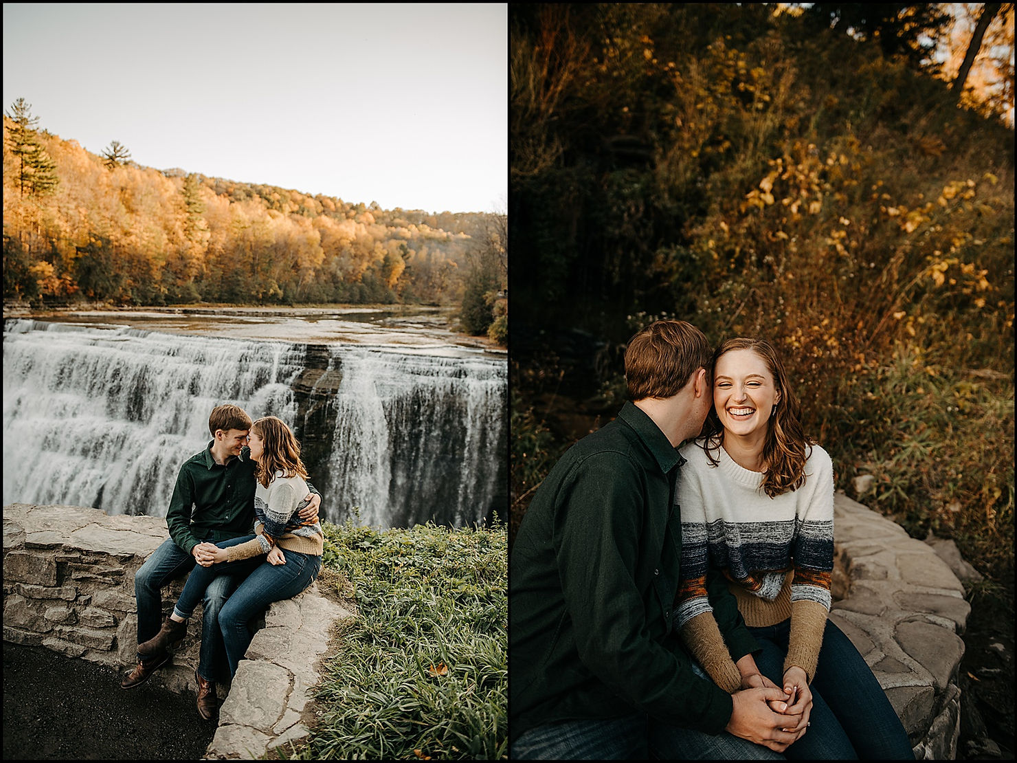A man and woman lean their heads together while they sit in front of a waterfall at a Buffalo engagement photo location.