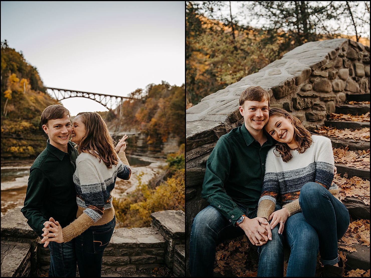 At Letchworth State Park, a couple poses with a bridge in the background for their Buffalo engagement photos.