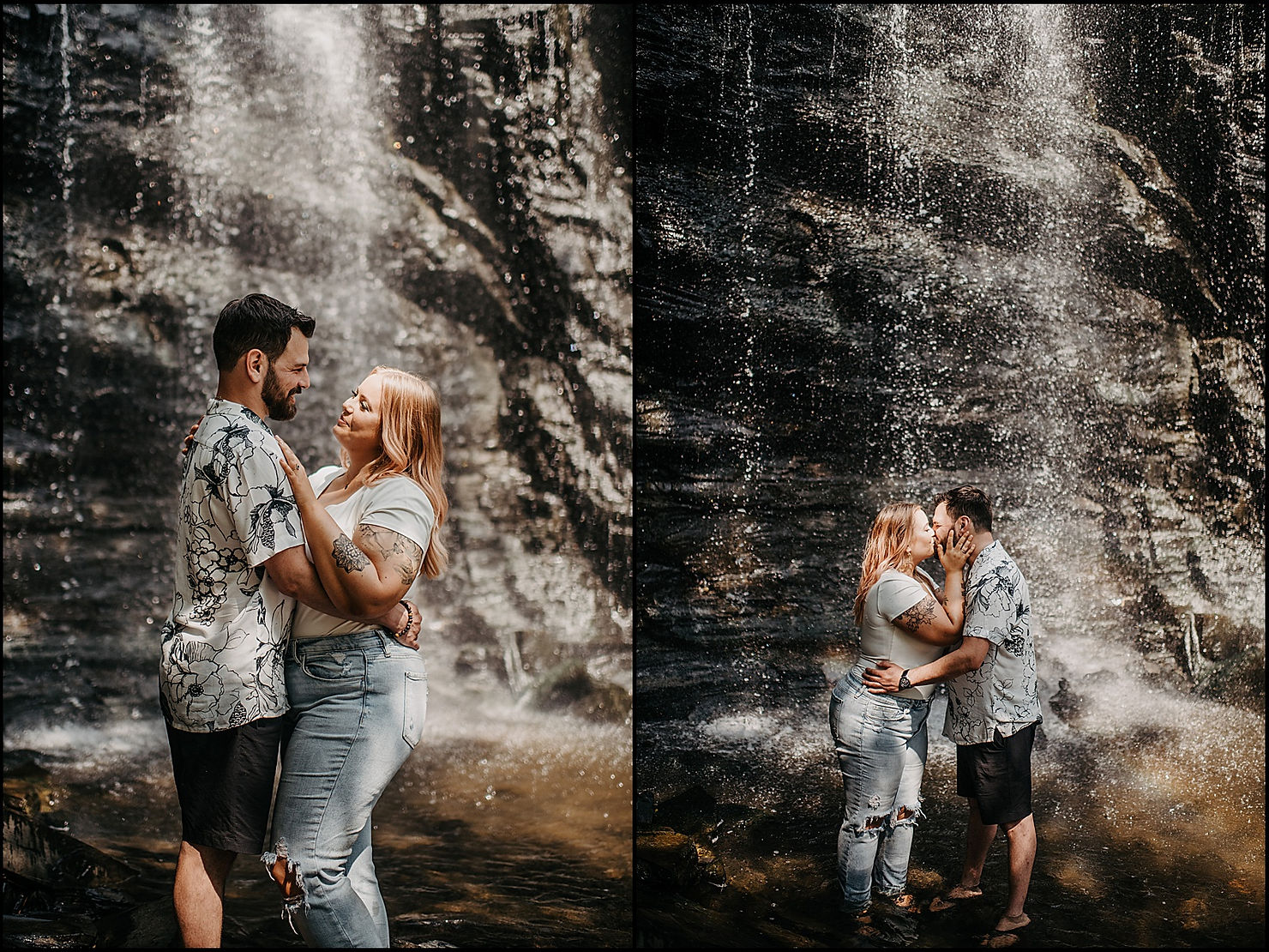 A man and woman kiss at the foot of a waterfall at a Buffalo engagement photo location.