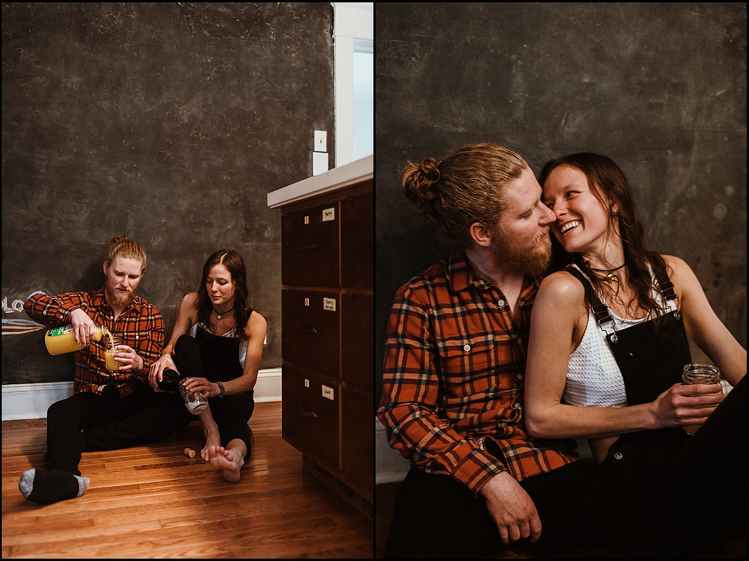 A couple sits on their kitchen floor drinking orange juice during an in-home engagement session.