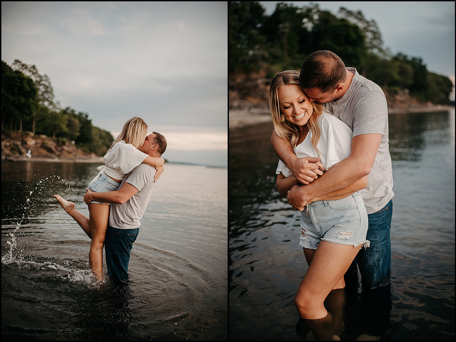 A man puts his arm around a woman while they stand in a lake for Buffalo engagement photos at Evangola State Park.