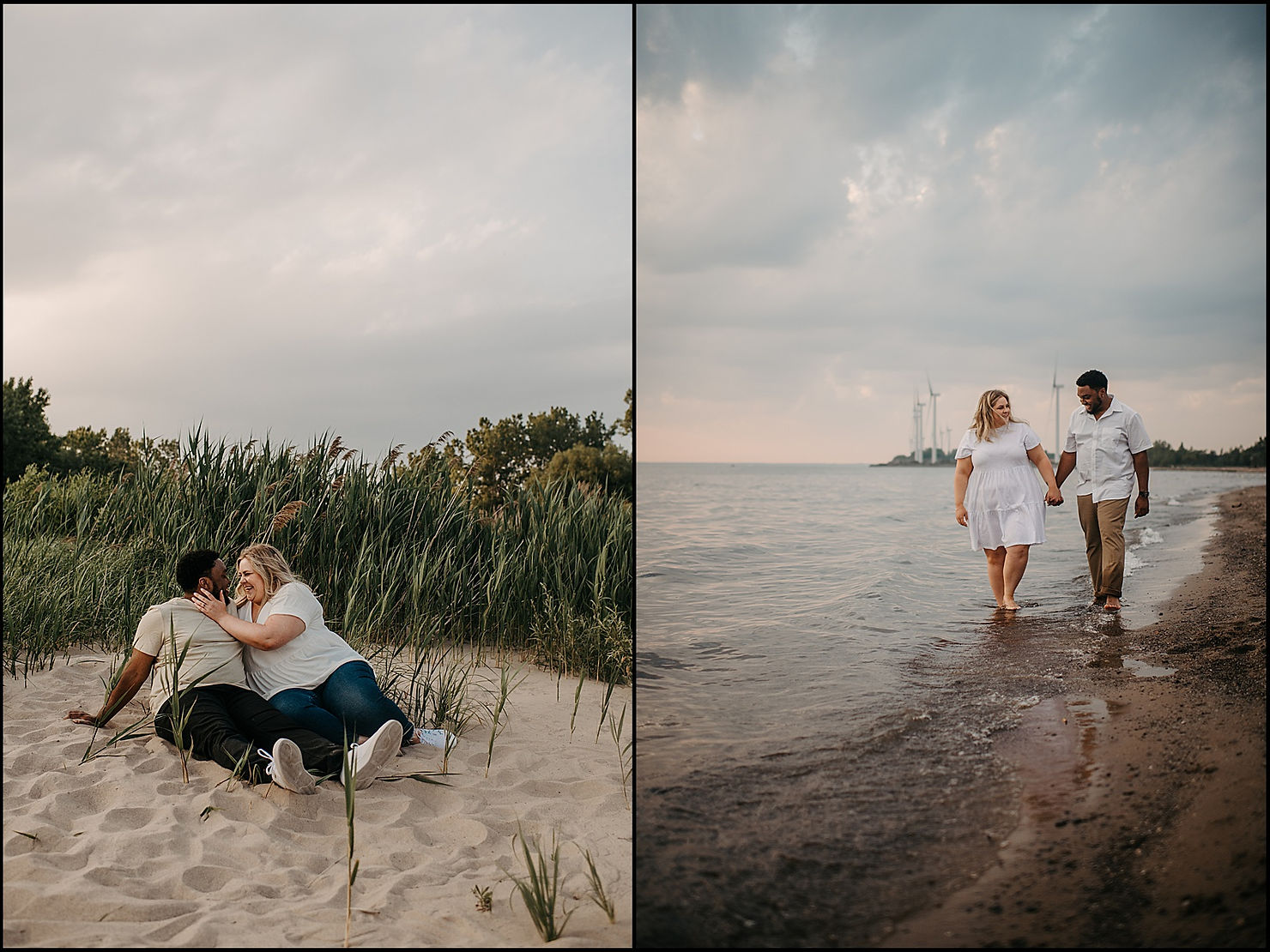 A couple cuddles in the sand beside tall grass at Woodlawn Beach.