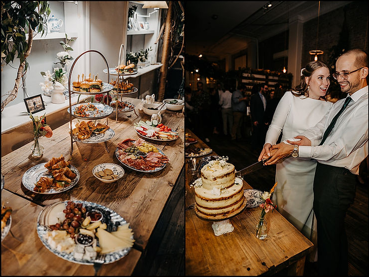 A bride and groom cut a tiered wedding cake at their New York City restaurant wedding.