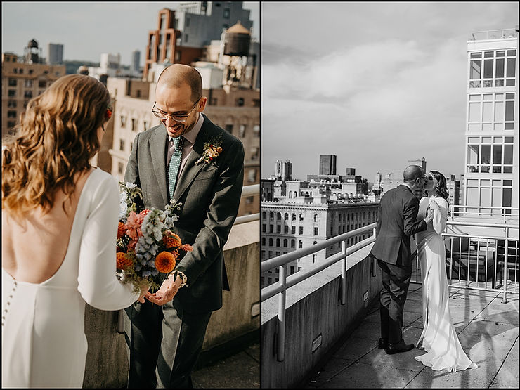 A bride and groom kiss on a balcony at ArtHouse Hotel before their NYC wedding.