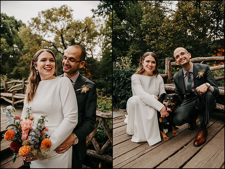 A bride and groom kneel on a bridge to pose with their dog at a Central Park wedding.
