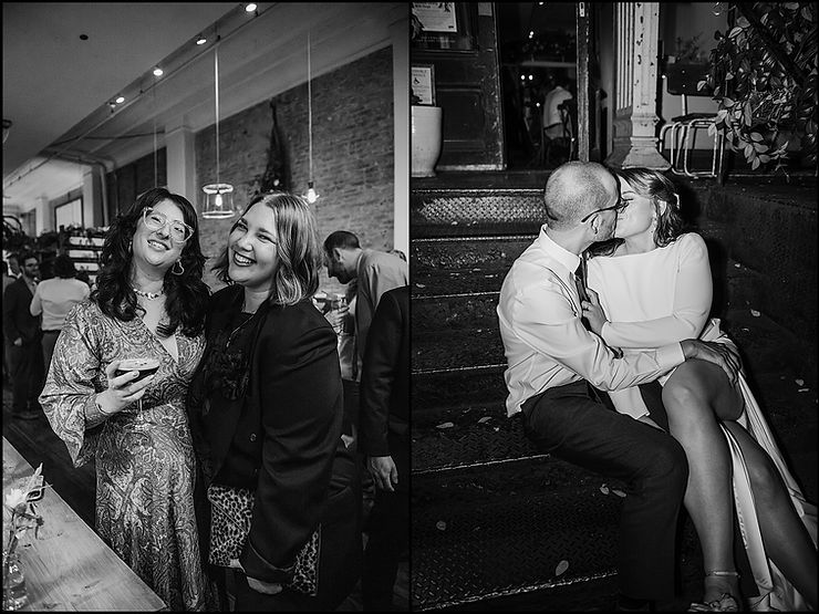 A bride and groom kiss on the steps of Maman Tribeca after their New York City wedding.