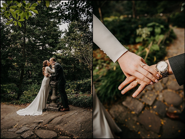 A bride and groom kiss in Shakespeare Garden at their Central Park wedding.