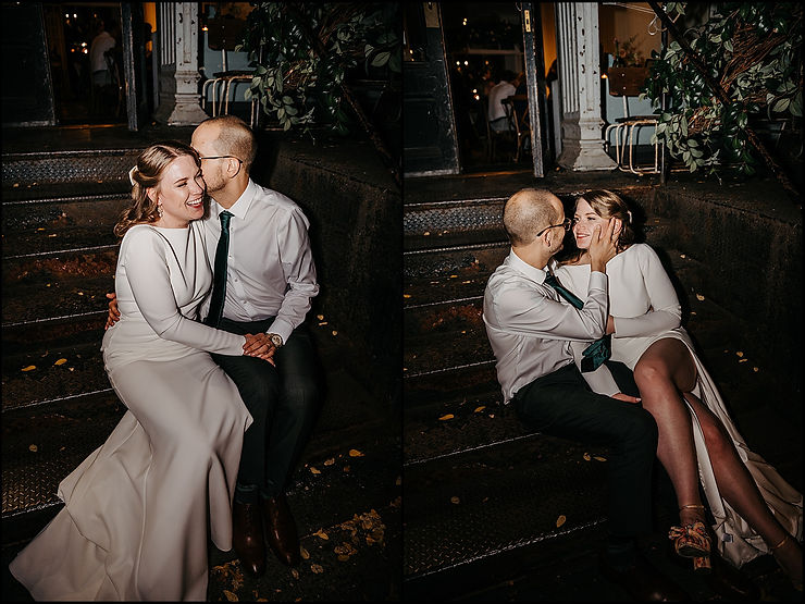 A bride sits in a groom's lap in a direct flash wedding photo.