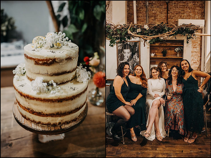 A tiered wedding cake sits on a wooden cake stand at Maman Tribeca.