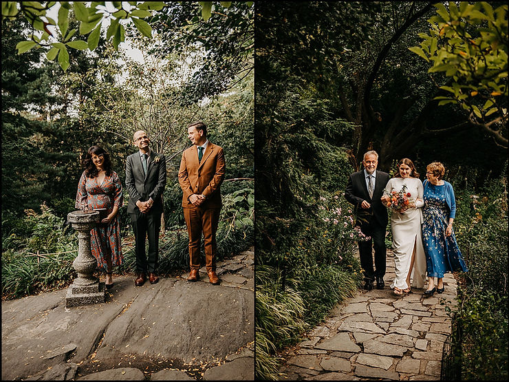 A bride's parents escort her down a stone path to her Central Park wedding.