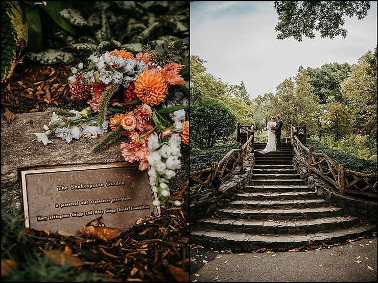A bride and groom pose at the top of a stone staircase at a New York City wedding venue.