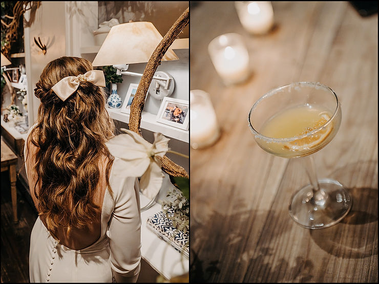 A bride models a silk hair bow inside a New York City wedding venue.