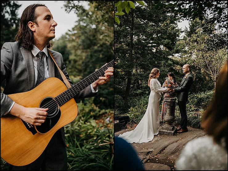 A guitar player performs at an outdoor ceremony at a New York City wedding venue.