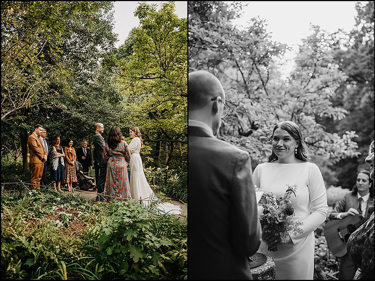 A bride smiles while a groom reads his vows at their garden wedding in New York City.